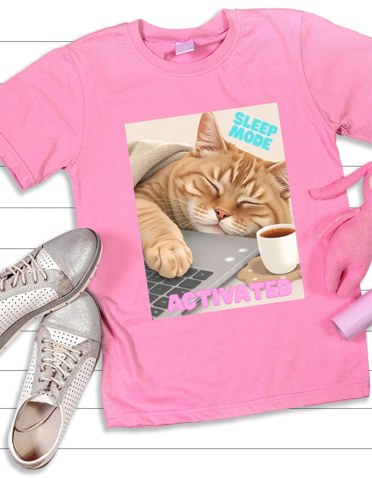 Funny Sleepy Cat Coffee T-Shirt Design: PNG JPG Digital Download